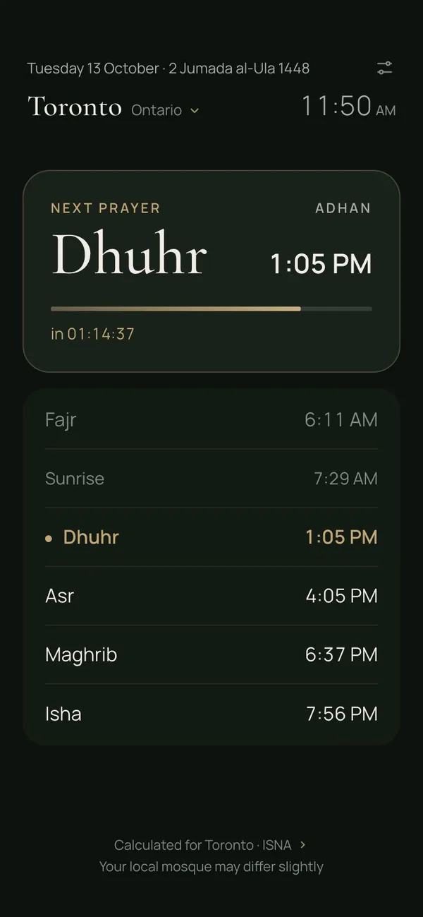 RafeeqPro main screen: the next prayer with a countdown, and today’s six times for Toronto